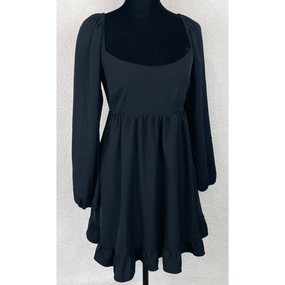 ABERCROMBIE & FITCH • Black Ruffle-Trim Long Sleeve Babydoll Mini Dress, SP - Picture 16 of 16